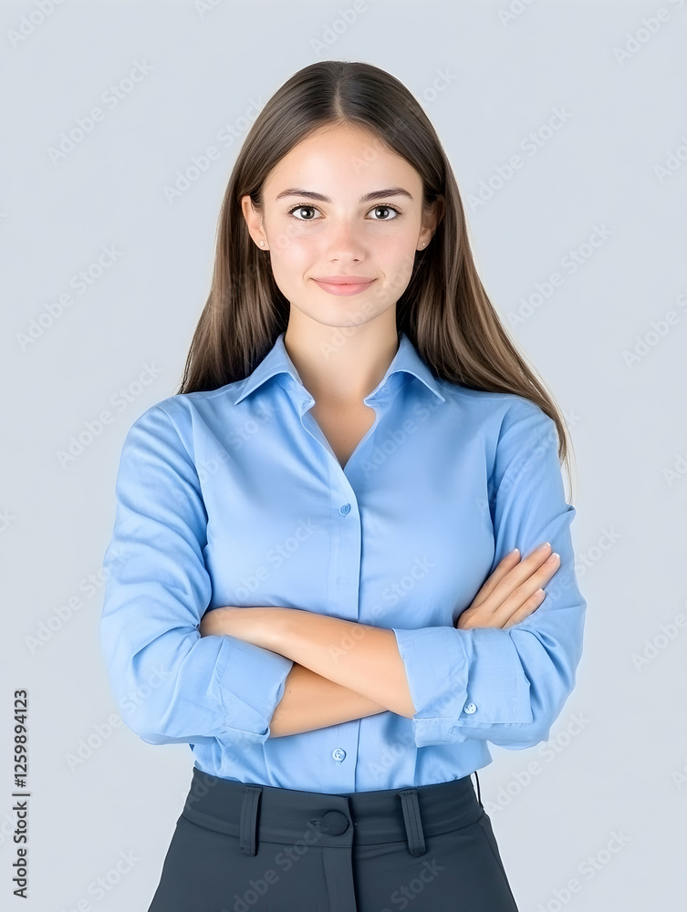 Woman in formal attire poses with arms crossed, demonstrating confidence in her pose Woman in formal attire poses with arms crossed, demonstrating confidence in her pose