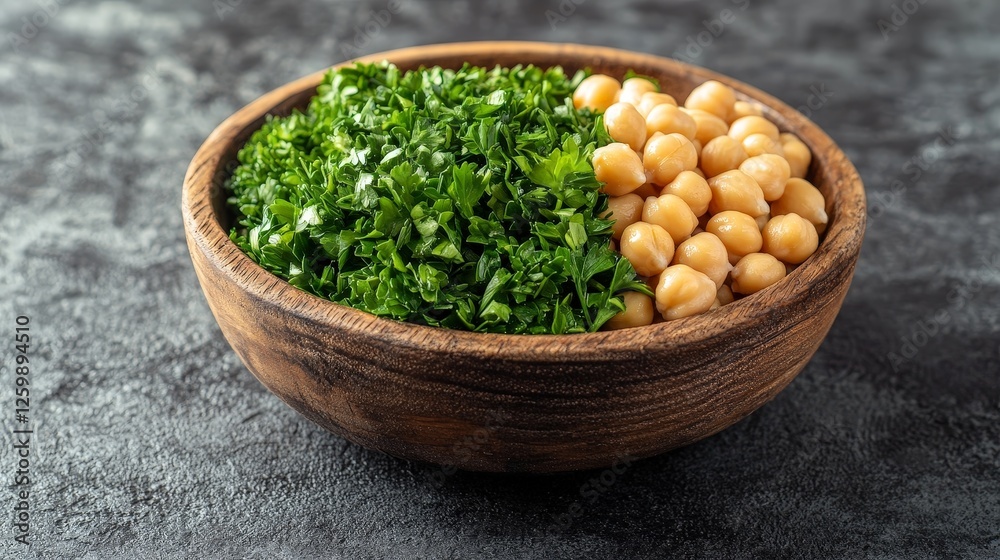 A wooden bowl filled with fresh parsley and chickpeas, showcasing healthy ingredients. A wooden bowl filled with fresh parsley and chickpeas, showcasing healthy ingredients.