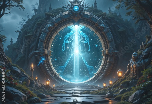  Mystical Portal to Another Dimension. A breathtaking image of a futuristic ancient portal opening into a vibrant otherworldly dimension