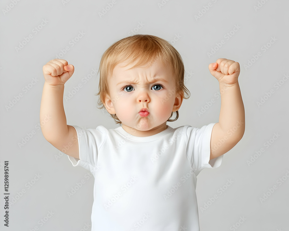 Angry baby raising fists in defiance, studio shot. Expressions, emotions use Angry baby raising fists in defiance, studio shot. Expressions, emotions use