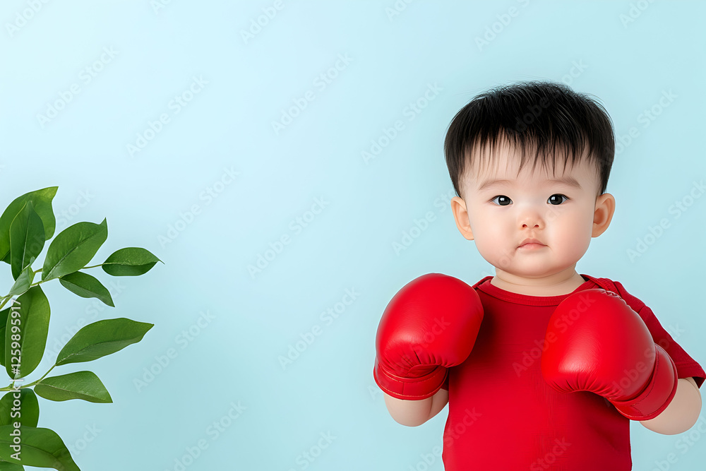 Baby boxer poses with red gloves on light background, health and wellness use Baby boxer poses with red gloves on light background, health and wellness use