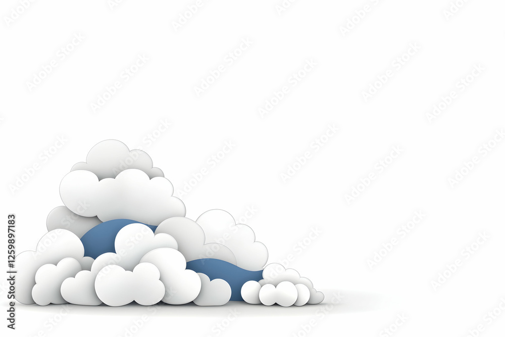 Cartoon clouds float over hills on white background for design element Cartoon clouds float over hills on white background for design element