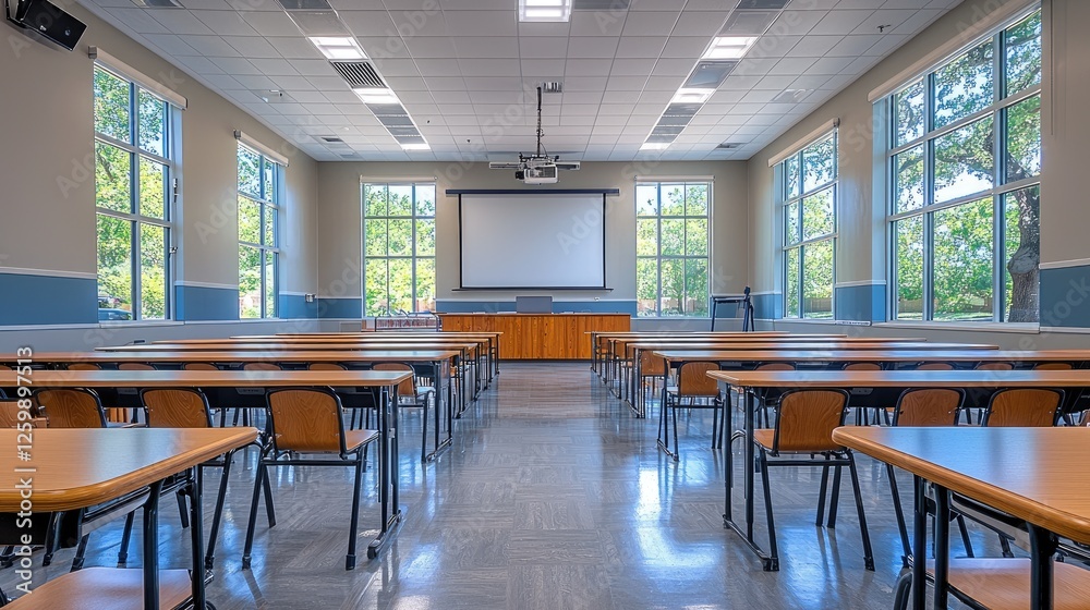 Modern classroom with empty desks and a projector screen, sunlight streaming through windows Modern classroom with empty desks and a projector screen, sunlight streaming through windows