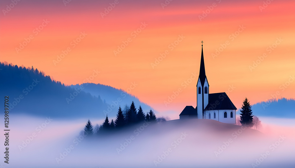 Obraz premium Church on hilltop shrouded in mist at sunset. Serene scene for travel