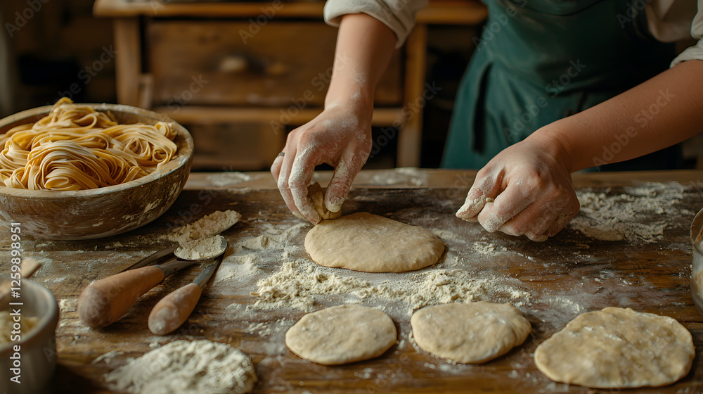Fototapeta premium person shaping dough on wooden table surrounded by pasta and flour
