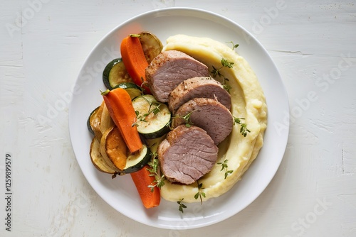 a plate of pork medallions with potatoes puree and baked vegetables
