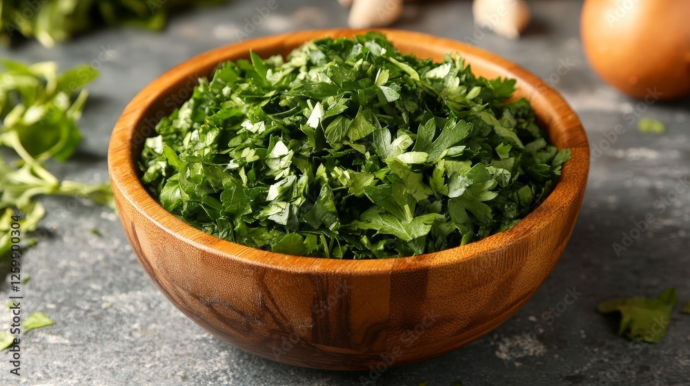 A wooden bowl filled with freshly chopped cilantro on a textured surface. A wooden bowl filled with freshly chopped cilantro on a textured surface.