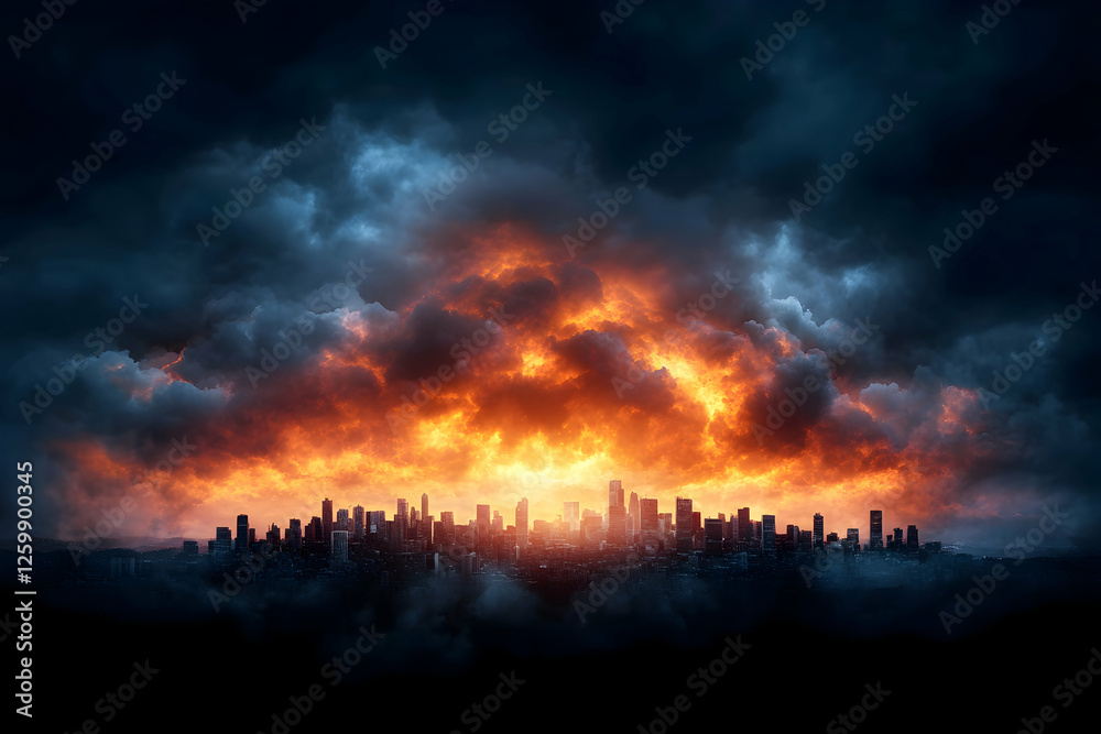 Naklejka premium Fiery sunset over city skyline with dark clouds for dramatic, impactful use