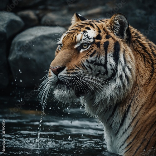 Ein weißer Tiger in Bewegung, der neben leuchtendem Gletscherwasser rennt, mit einem reinen weißen Hintergrund.