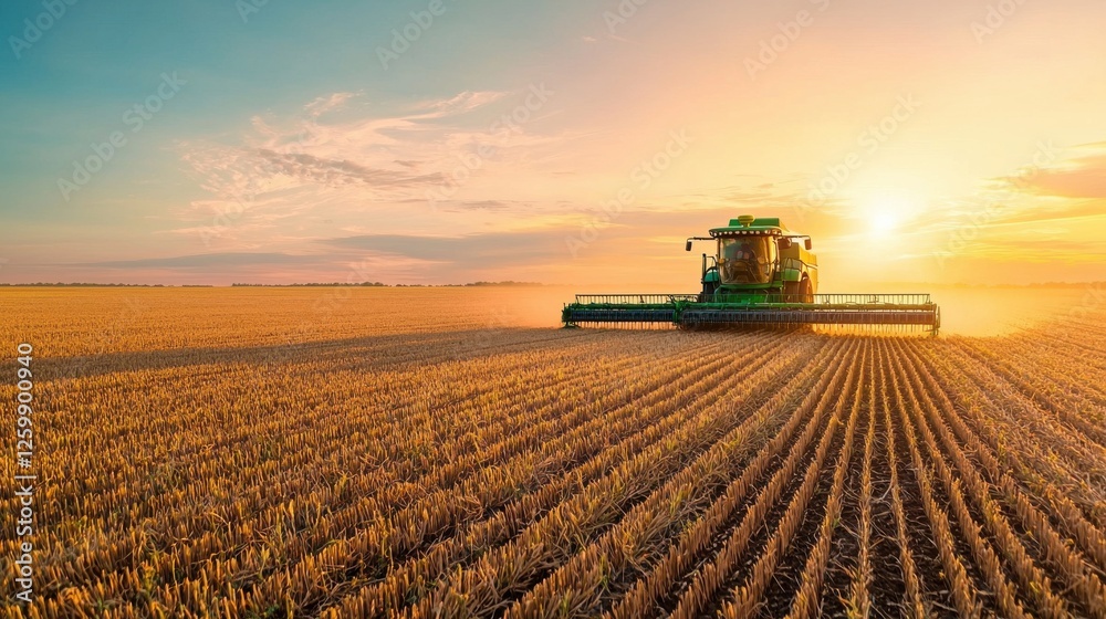 Fototapeta premium Automated Tractor Harvesting Wheat Field at Sunset with Dramatic Lighting