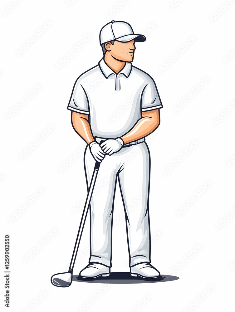 Male golfer in white holding a golf club on white background for sport designs Male golfer in white holding a golf club on white background for sport designs