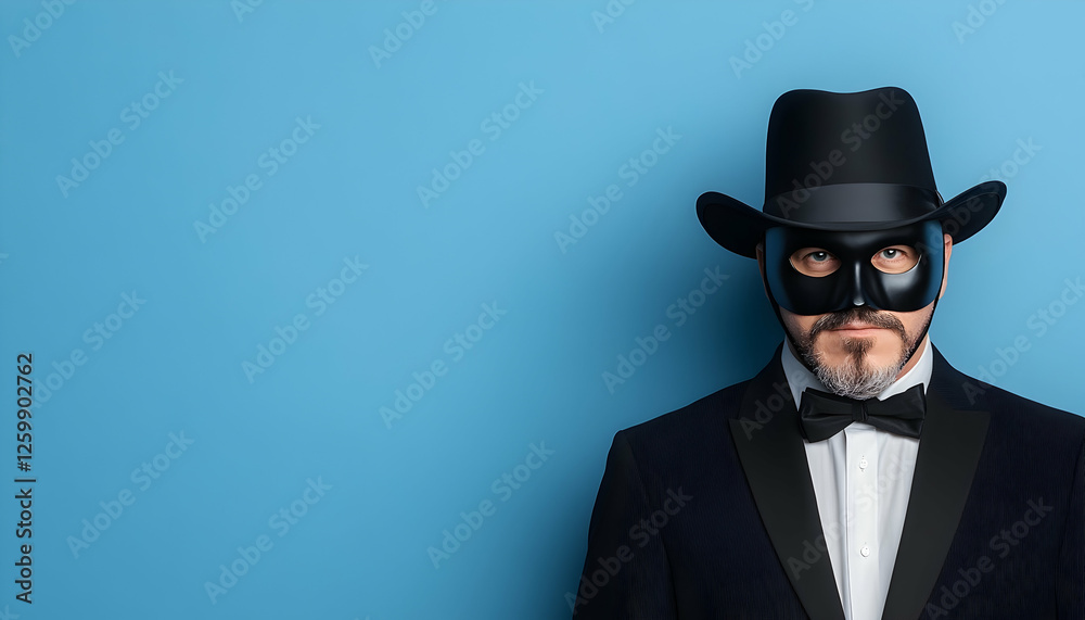 Man with mask & hat. Mystery, formal attire. Bright blue background. Use Invitations Man with mask & hat. Mystery, formal attire. Bright blue background. Use Invitations