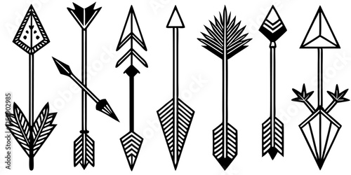 A set of five intricately designed black and white vector arrows, each with a unique geometric and decorative style, evokes a sense of tribal or ornamental artistry