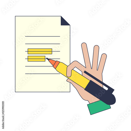 A hand highlights key points in a document with a yellow highlighter, emphasizing important information.