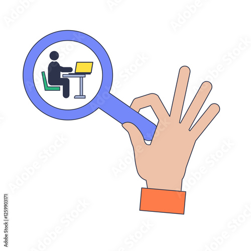 A hand holds a magnifying glass focusing on a small figure at a desk, symbolizing focus and analysis.