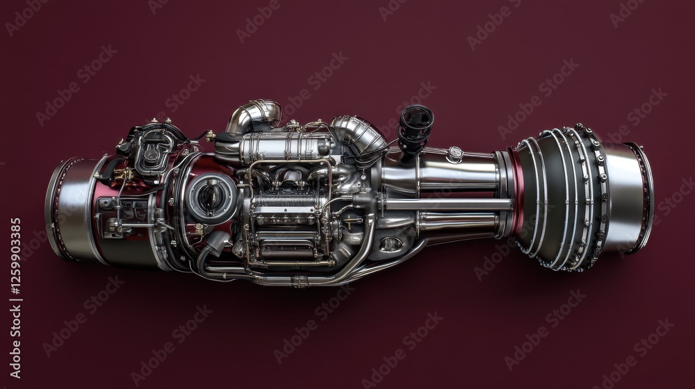 A powerful diesel engine with polished metal surfaces on a rich burgundy background A powerful diesel engine with polished metal surfaces on a rich burgundy background