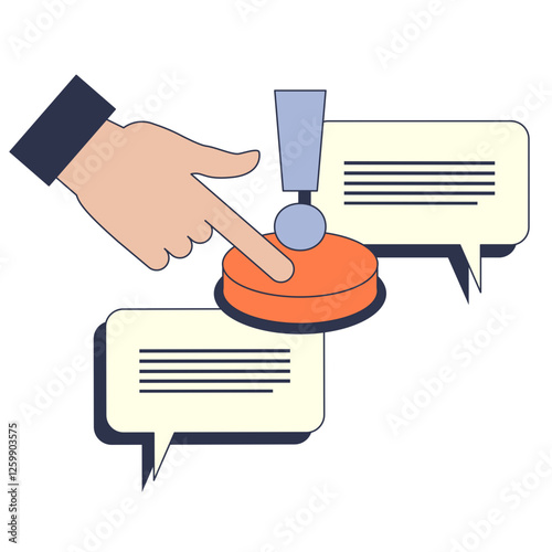 A hand pressing an alert button within a dialogue bubble, symbolizing urgency and communication.