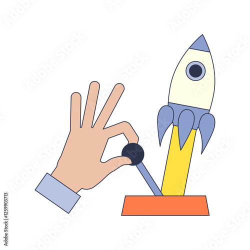 A hand turns a lever to launch a stylized rocket, symbolizing initiation and progress.