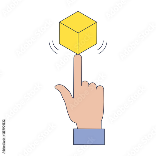 A hand balances a yellow cube on a finger, symbolizing precision and balance.