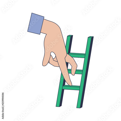 A hand climbing a ladder rung symbolizes progress and ambition.