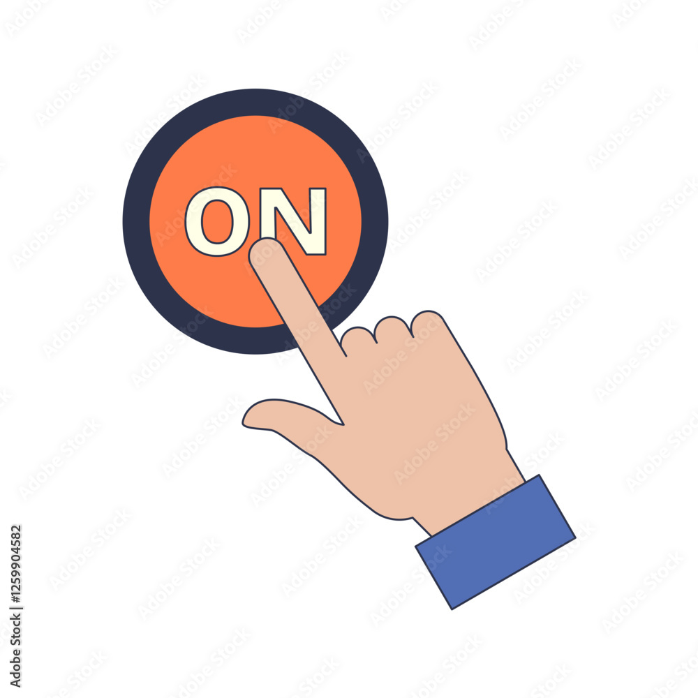 A hand pressing an 'ON' button symbolizes activation or starting a process. A hand pressing an 'ON' button symbolizes activation or starting a process.