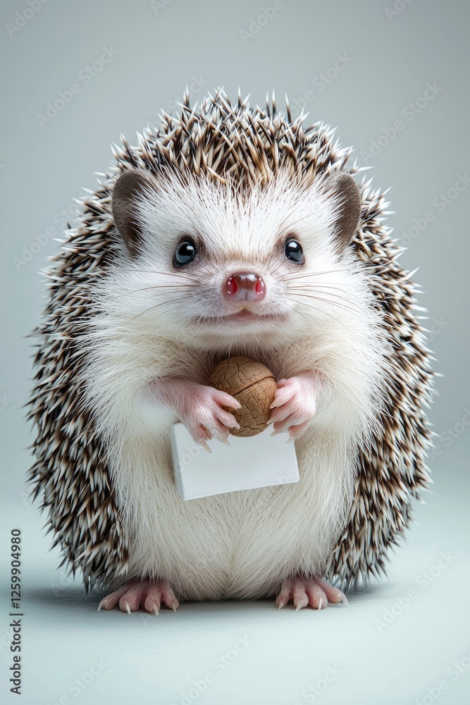 Obraz premium Adorable Hedgehog Holding a Walnut and a Blank Sign