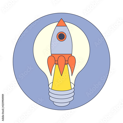 A rocket launching from a lightbulb symbolizes innovation and creative ideas taking flight.