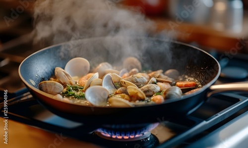 A pan boils clam shrimp broth recipe on top of a stove. Generative AI