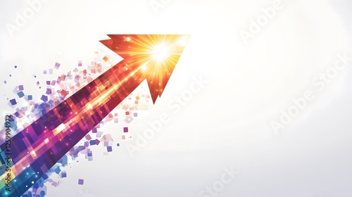 Vibrant arrow with geometric disintegration aiming towards radiant light