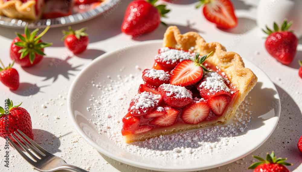 Delicious strawberry pie slice with powdered sugar on picnic table, summer vibe Delicious strawberry pie slice with powdered sugar on picnic table, summer vibe