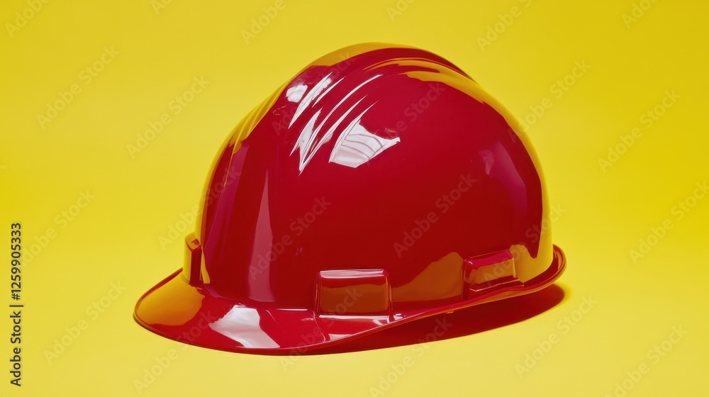 A red hard hat with a glossy finish on a bold yellow background A red hard hat with a glossy finish on a bold yellow background