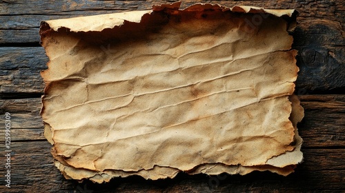 Aged, crumpled parchment paper resting on a rustic wooden surface, ideal for artistic backgrounds