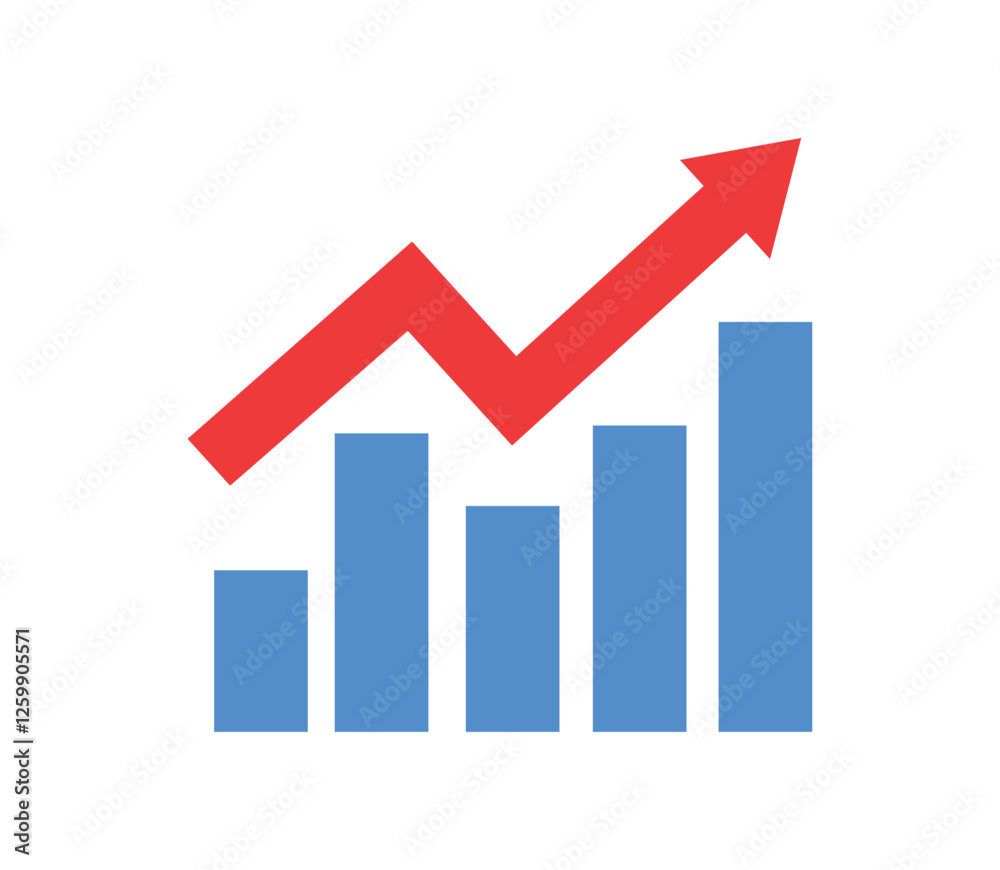 Graph in trendy flat style. Vector illustration. Graph going Up with red arrows vector. Blue chart bar vector illustration concept of sales bar chart symbol icon with arrow Graph in trendy flat style. Vector illustration. Graph going Up with red arrows vector. Blue chart bar vector illustration concept of sales bar chart symbol icon with arrow