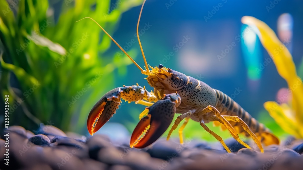 Colorful lobster in a vibrant aquarium setting, surrounded by lush green plant and pebbles Colorful lobster in a vibrant aquarium setting, surrounded by lush green plant and pebbles