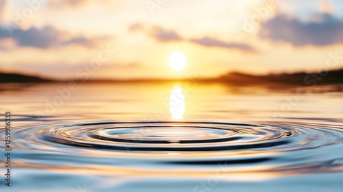 a beautiful sunset with the sun setting in the background, casting a warm orange glow over the water ripples in the foreground The sky is a mix of vibrant oranges,