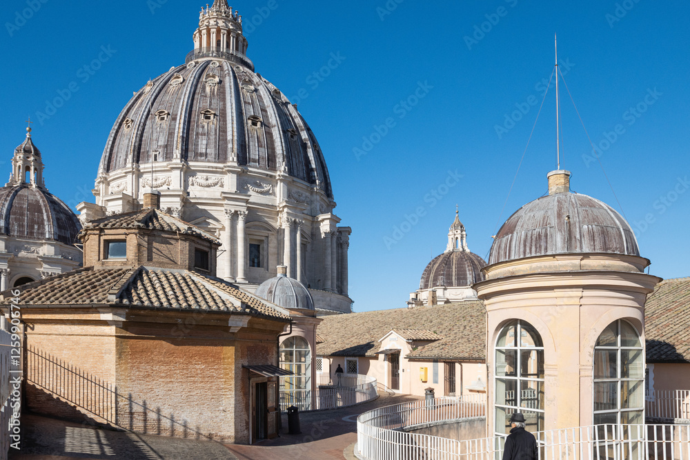 St. Peter Basilica dome viewed from cathedral rooftop. Vatican, Rome