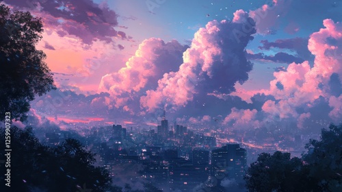Dreamy Cityscape at Sunset: A Pink Cloud Panorama