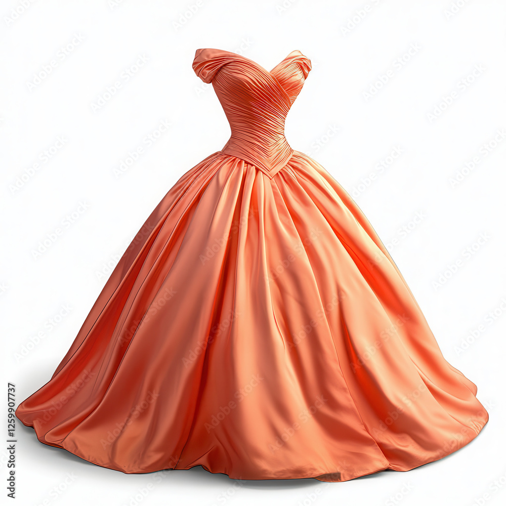 Obraz premium Peach Perfection: An elegant, off-the-shoulder ball gown with a fitted bodice and a flowing, full skirt, shimmering in a soft peach hue.