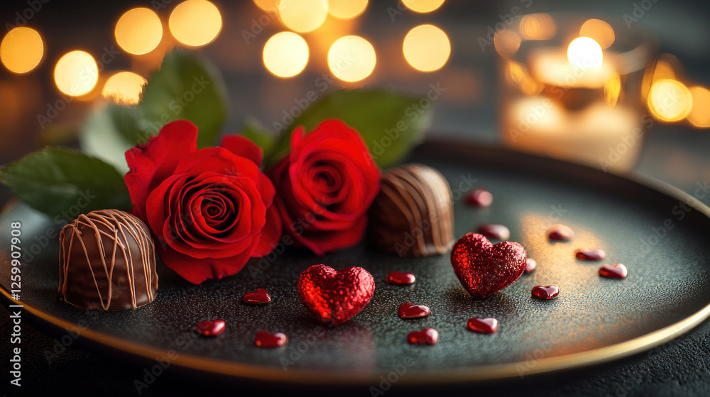 Valentine's Day setup with a candlelit dinner, red roses, and heart-shaped chocolates Valentine's Day setup with a candlelit dinner, red roses, and heart-shaped chocolates