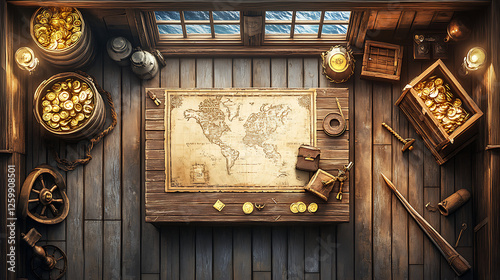 Pirate Ship Cabin with Treasure Map and Gold Coins