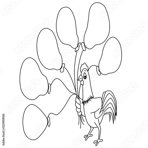 Cute cartoon hand dawn vector rooster holding balloons  coloring page.