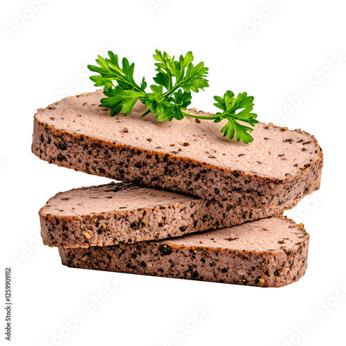 Slices of seasoned Pate Liver Meat loaf stacked and garnished with fresh parsley, isolated on white transparent background, concept of delicious food photo