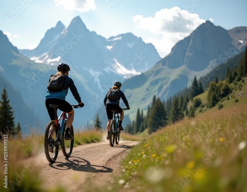 Two Cyclists Mountain Biking on Scenic Trail Majestic Mountain View