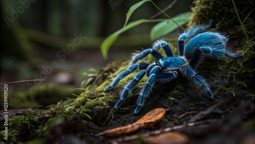 Blue Tarantula in Rainforest: A vibrant blue tarantula, its hairy legs and body striking against the dark green mossy forest floor, showcases the beauty of nature’s hidden wonders. photo