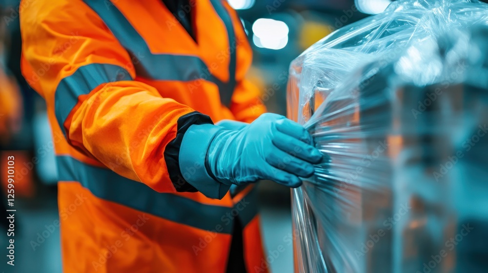Worker in orange vest wraps a package in plastic Worker in orange vest wraps a package in plastic