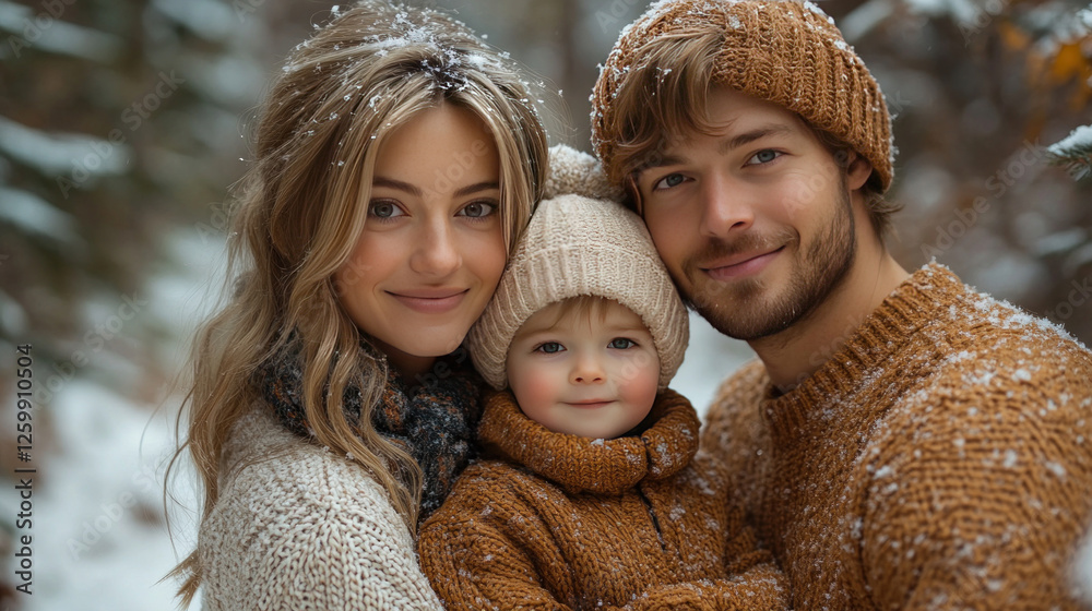 Obraz premium Family holiday photo session with coordinated sweaters in a snowy forest
