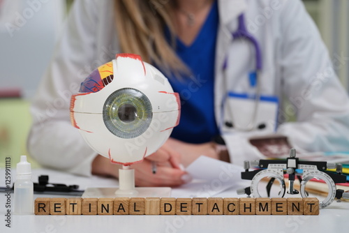 This is a detailed depiction of retinal detachment using an anatomical eye model and related materials photo