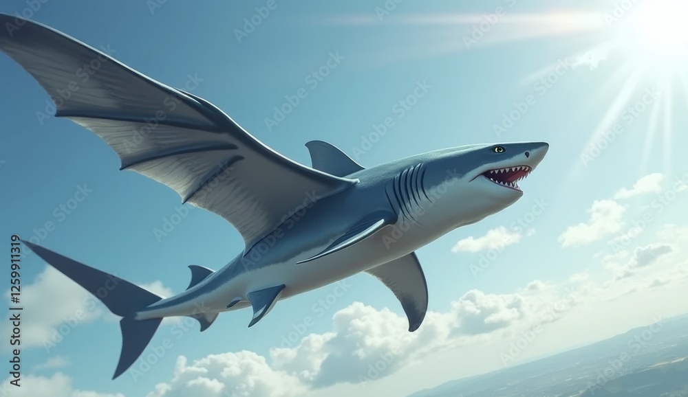Obraz premium Shark flying with wings above the clouds