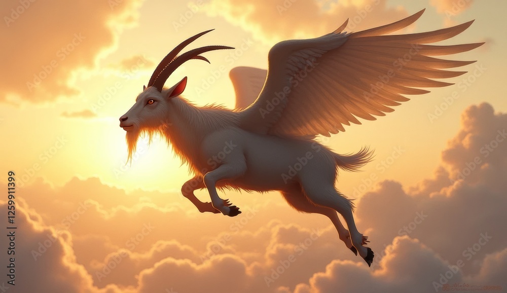 Fototapeta premium Goats fly with wings above the clouds