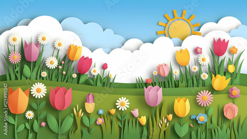 Spring flowers are in full bloom in the flower garden. Butterflies are flying in the blue sky and clear spring sunshine. It's a spring day.
